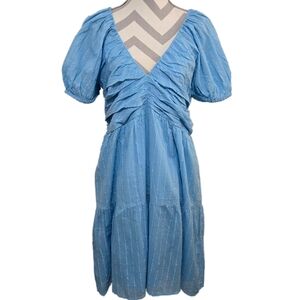NEVER A WALLFLOWER Midi Sundress Cotton Light Blue Ruched Tiered Size XL
